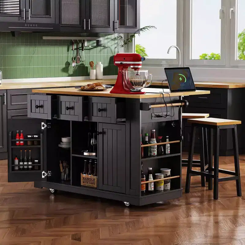 Large Kitchen Island with 2 Bar Stools and Power Outlet, Kitchen Storage Cart on 5 Wheels with Drop Leaf