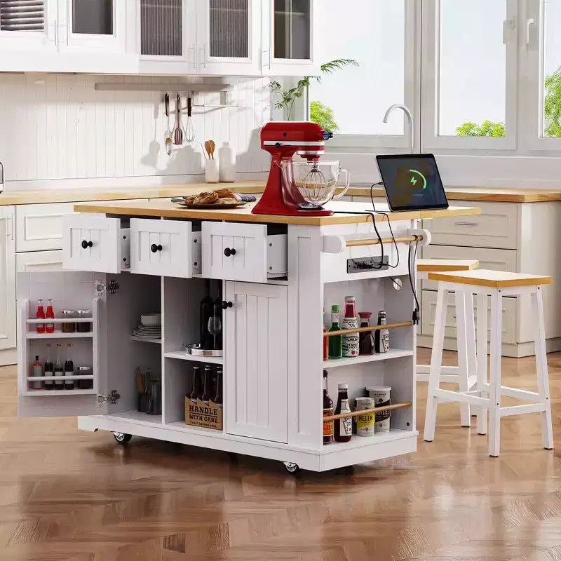 Isla de cocina grande con 2 taburetes de bar y toma de corriente, carrito de almacenamiento de cocina con 5 ruedas y alas abatibles