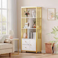 62 Gold 4-Tier Bookshelf with 3 Drawers & Door, White Gold Metal Bookcase Display Storage Cabinet for Living Room & Office