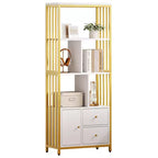 Estantería de 4 niveles de 157.5 cm de oro con 3 cajones y puerta, estante de exhibición de metal dorado blanco para sala de estar y oficina