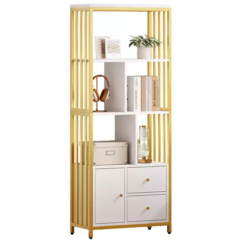 Estantería de 4 niveles de 157.5 cm de oro con 3 cajones y puerta, estante de exhibición de metal dorado blanco para sala de estar y oficina