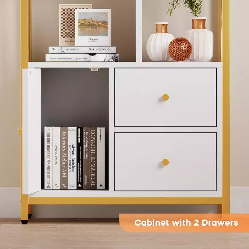 Estantería de 4 niveles de 157.5 cm de oro con 3 cajones y puerta, estante de exhibición de metal dorado blanco para sala de estar y oficina
