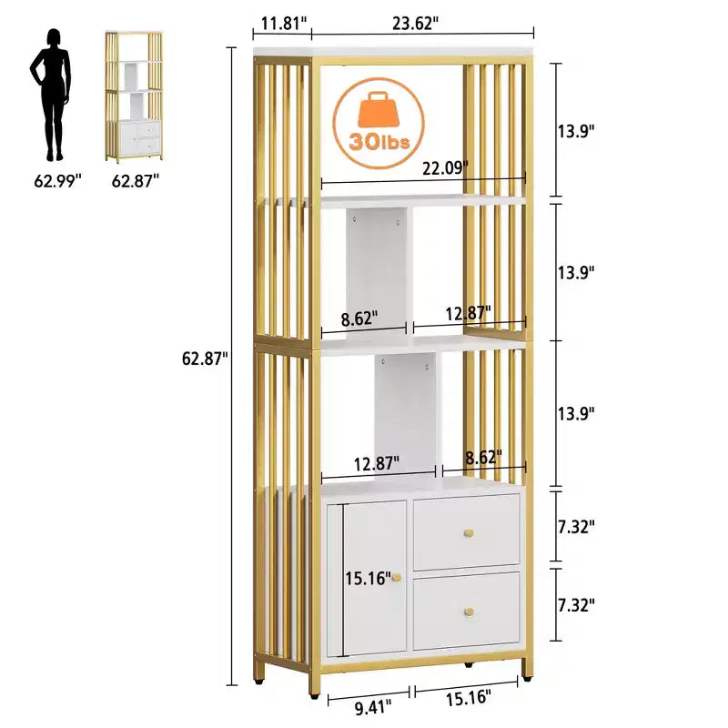 Estantería de 4 niveles de 157.5 cm de oro con 3 cajones y puerta, estante de exhibición de metal dorado blanco para sala de estar y oficina