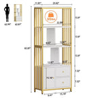Estantería de 4 niveles de 157.5 cm de oro con 3 cajones y puerta, estante de exhibición de metal dorado blanco para sala de estar y oficina