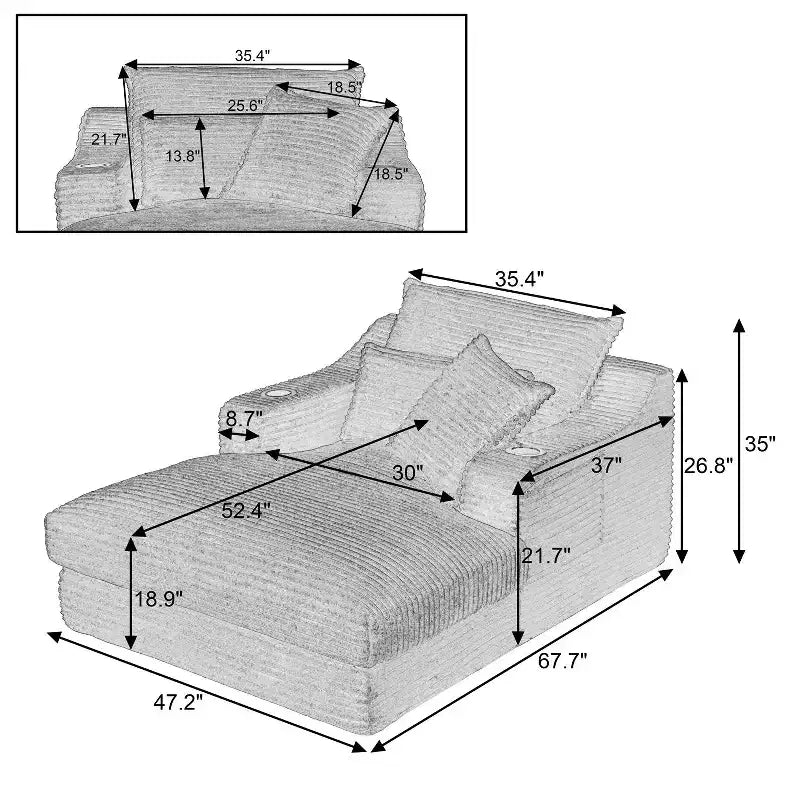 Sofá comprimido de un solo asiento de gran tamaño con portavasos y bolsillo, sillón reclinable de pana con doble capa sintética, fundas lavables, capacidad de 136 kg