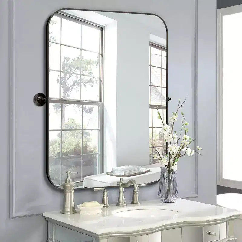 1-Piece Black 23 in.W x 31 in.H Iron Round Corner Rectangular Hardware Hanging Mirror Wall Mirror