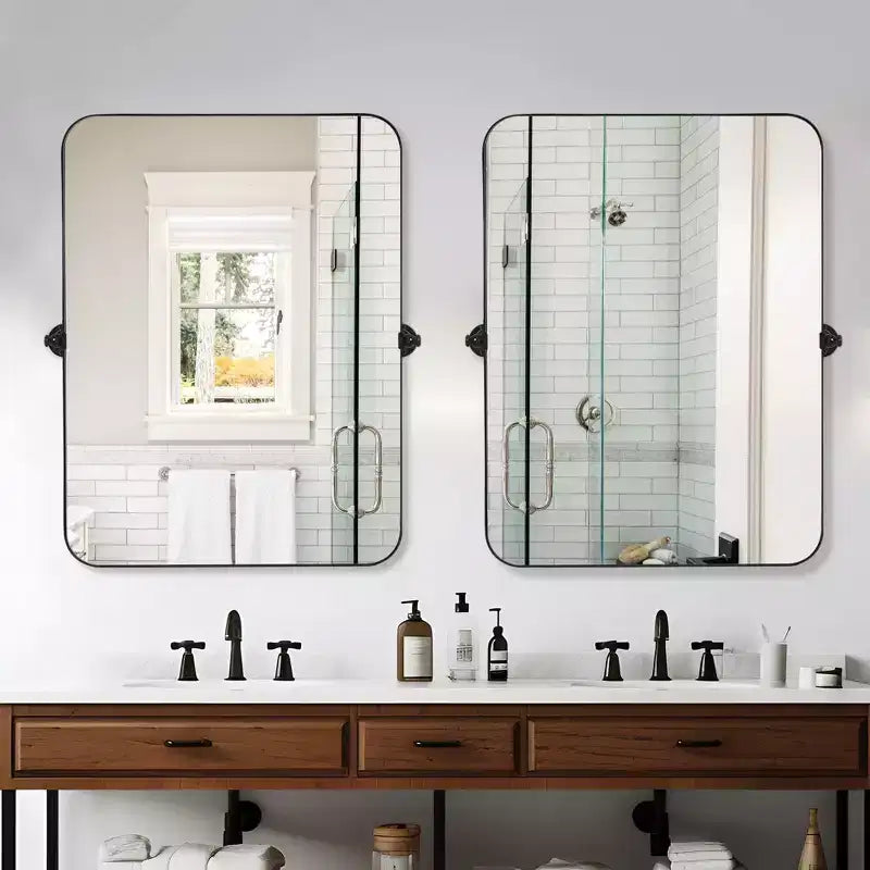 Espejo de pared rectangular con esquinas redondeadas y herrajes, de hierro negro, 1 pieza, 58 cm de ancho x 78 cm de alto