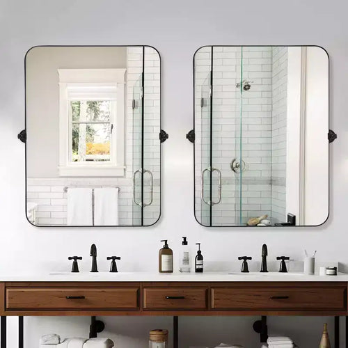 Espejo de pared rectangular con esquinas redondeadas y herrajes, de hierro negro, 1 pieza, 58 cm de ancho x 78 cm de alto