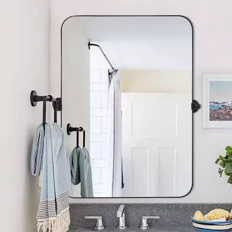 Espejo de pared rectangular con esquinas redondeadas y herrajes, de hierro negro, 1 pieza, 58 cm de ancho x 78 cm de alto