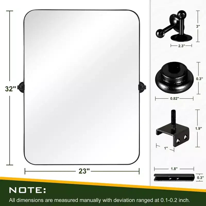 Espejo de pared rectangular con esquinas redondeadas y herrajes, de hierro negro, 1 pieza, 58 cm de ancho x 78 cm de alto