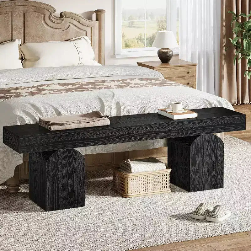 Banco moderno de 59 pulgadas, banco tapizado negro para pie de cama, dormitorio, sala de estar, entrada