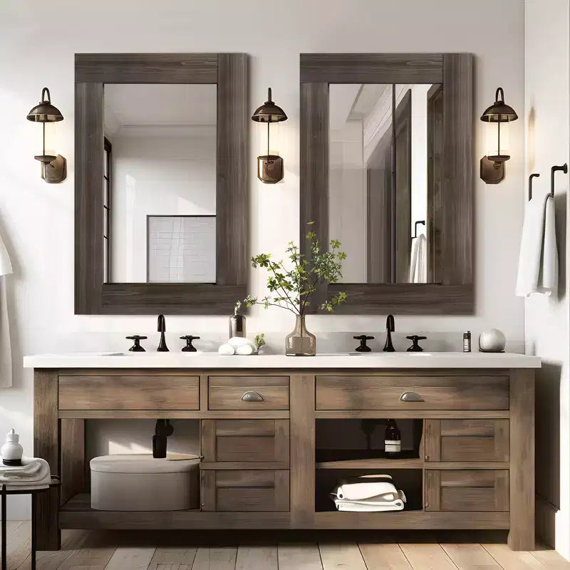 2 Pieces 36 In.H X 24 In.W Brown Solid Wood Wide Edge Hollow Right Angle Rectangular Hanging Mirror Frame Wall Mirror