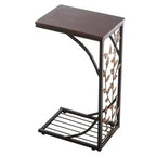 Mesa auxiliar desmontable de una sola capa en forma de C con tablero de densidad marrón, estructura de hierro con recubrimiento de polvo negro y diseño de hoja dorada en pincel