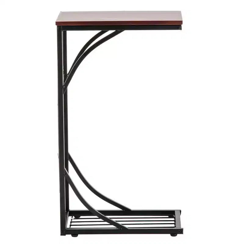 Mesa auxiliar desmontable de una sola capa en forma de C con tablero de densidad marrón, estructura de hierro con recubrimiento de polvo negro y diseño de hoja dorada en pincel