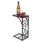 Mesa auxiliar desmontable de una sola capa en forma de C con tablero de densidad marrón, estructura de hierro con recubrimiento de polvo negro y diseño de hoja dorada en pincel