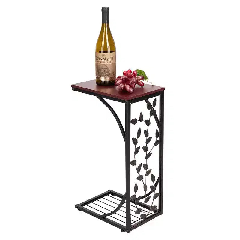 Mesa auxiliar desmontable de una sola capa en forma de C con tablero de densidad marrón, estructura de hierro con recubrimiento de polvo negro y diseño de hoja dorada en pincel