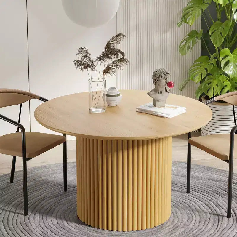 Mesa de comedor redonda de madera de 46 pulgadas, mesa de cocina circular con base de listones de madera, mesas de cena modernas estilo casa de campo para cocina, sala de estar, natural