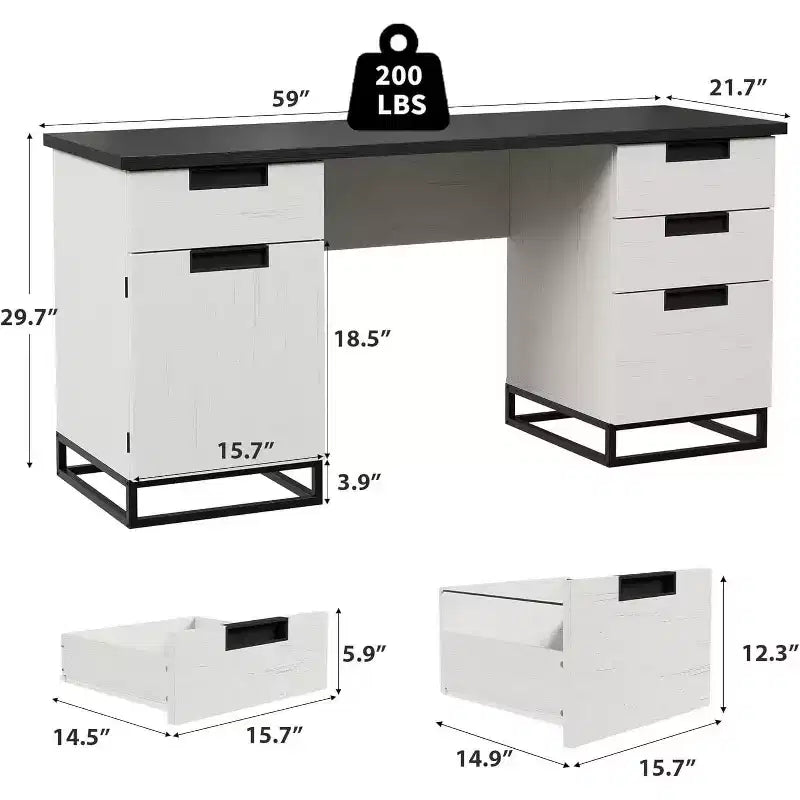 Escritorio ejecutivo de granja de 59 pulgadas con cajón para archivos, gabinete de almacenamiento y 3 cajones, mesa de computadora de madera para trabajar y estudiar