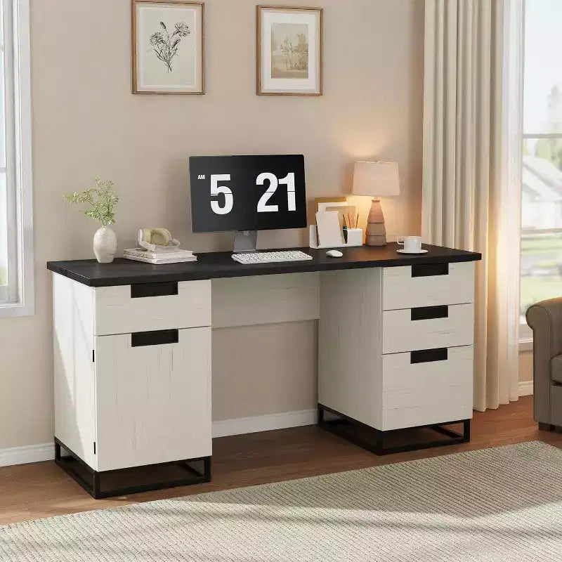 Escritorio ejecutivo de granja de 59 pulgadas con cajón para archivos, gabinete de almacenamiento y 3 cajones, mesa de computadora de madera para trabajar y estudiar