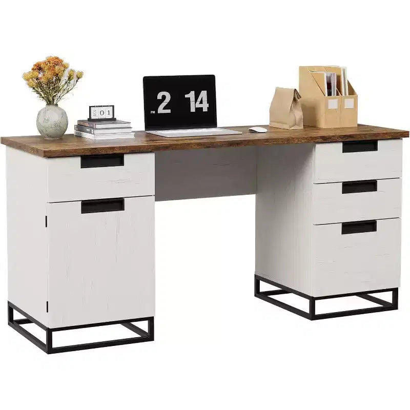 Escritorio ejecutivo de granja de 59 pulgadas con cajón para archivos, gabinete de almacenamiento y 3 cajones, mesa de computadora de madera para trabajar y estudiar