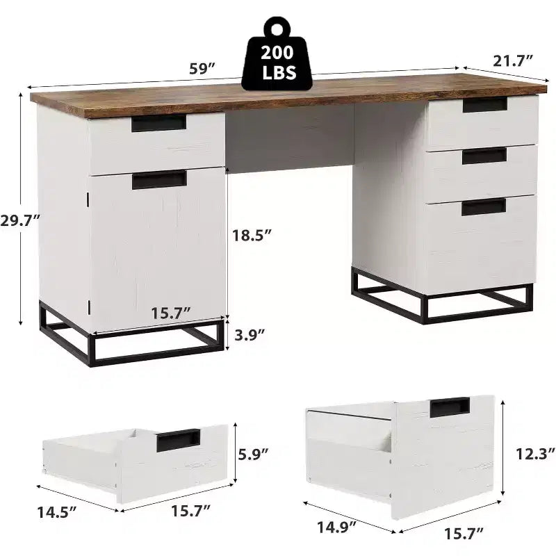 Escritorio ejecutivo de granja de 59 pulgadas con cajón para archivos, gabinete de almacenamiento y 3 cajones, mesa de computadora de madera para trabajar y estudiar