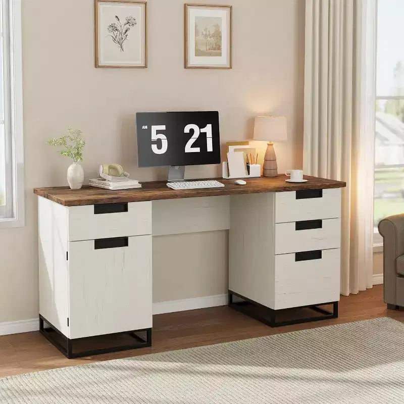 Escritorio ejecutivo de granja de 59 pulgadas con cajón para archivos, gabinete de almacenamiento y 3 cajones, mesa de computadora de madera para trabajar y estudiar