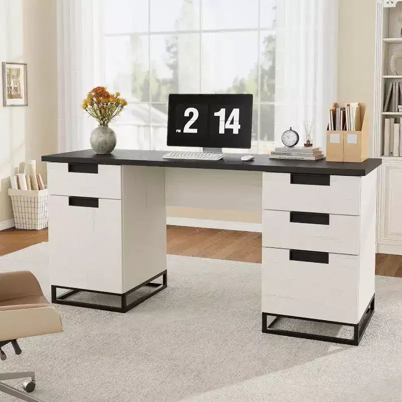Escritorio ejecutivo de granja de 59 pulgadas con cajón para archivos, gabinete de almacenamiento y 3 cajones, mesa de computadora de madera para trabajar y estudiar