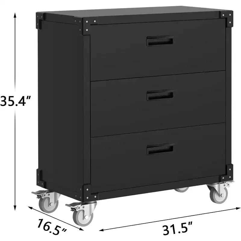 Gabinete de herramientas rodante de alta resistencia de 3 cajones - Banco de trabajo de metal móvil con ruedas para garaje, almacén, sótano y taller (negro)