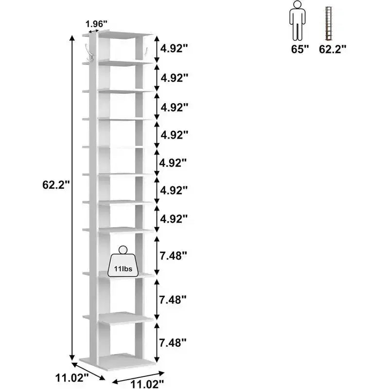 Zapatero delgado de 10 niveles y 157,5 cm de alto con ganchos laterales para entrada, dormitorio y armario, con capacidad para 10-20 pares