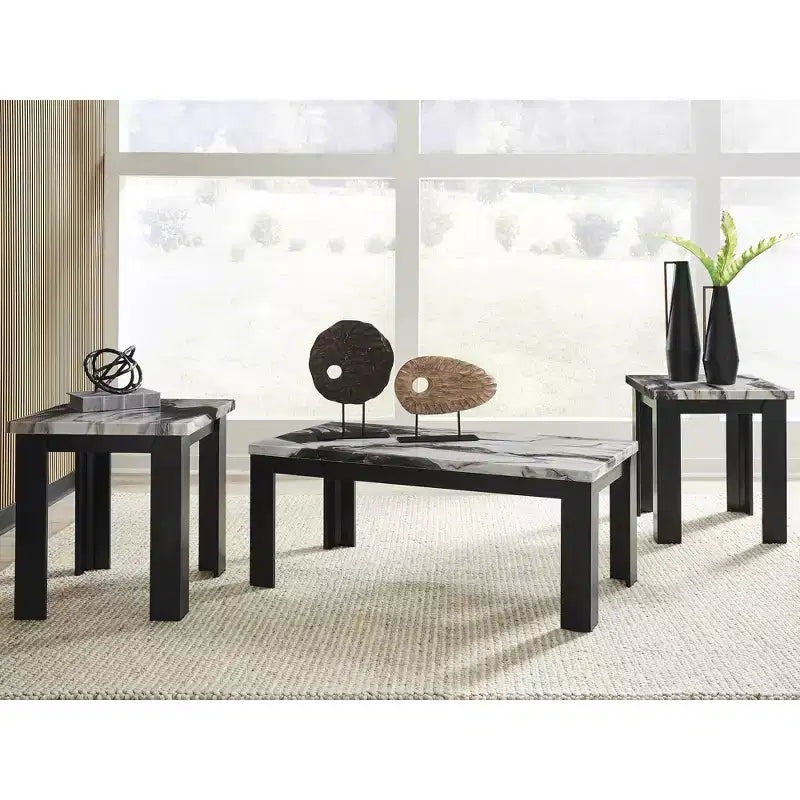 Juego de mesa de centro de 3 piezas con mesas auxiliares - Acabado en marrón oscuro/imitación mármol