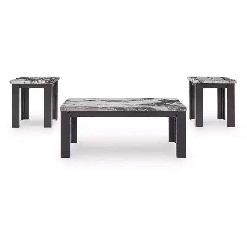 Juego de mesa de centro de 3 piezas con mesas auxiliares - Acabado en marrón oscuro/imitación mármol