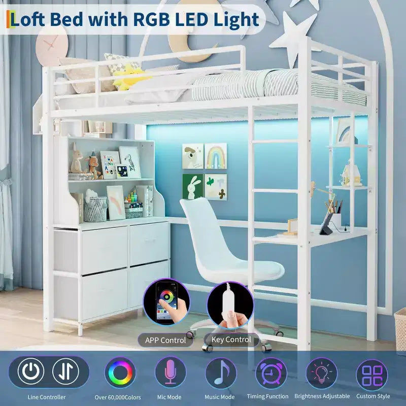 Cama alta individual con escritorio, 4 cajones grandes de tela y estantes abiertos, cama alta de metal resistente con luces LED, tomas de corriente, no necesita somier