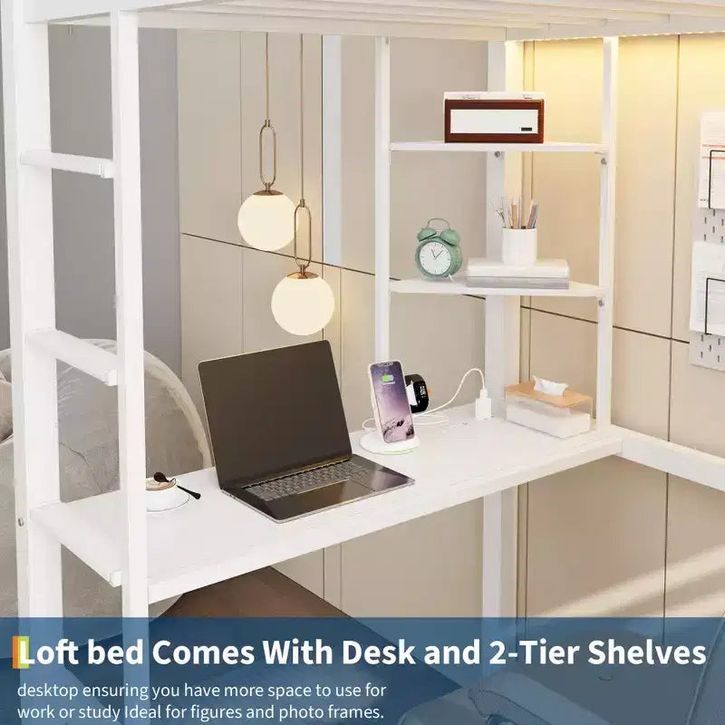 Cama alta individual con escritorio, 4 cajones grandes de tela y estantes abiertos, cama alta de metal resistente con luces LED, tomas de corriente, no necesita somier