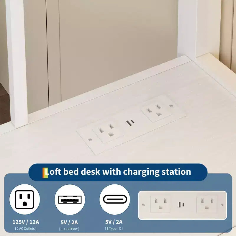 Cama alta individual con escritorio, 4 cajones grandes de tela y estantes abiertos, cama alta de metal resistente con luces LED, tomas de corriente, no necesita somier