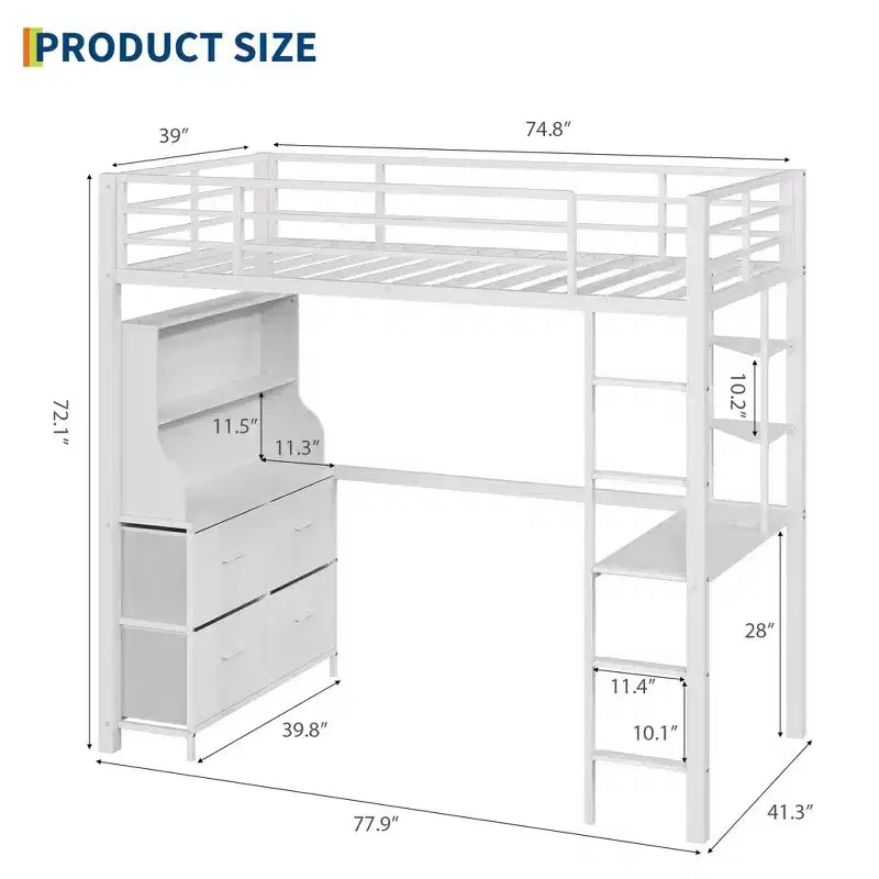 Cama alta individual con escritorio, 4 cajones grandes de tela y estantes abiertos, cama alta de metal resistente con luces LED, tomas de corriente, no necesita somier