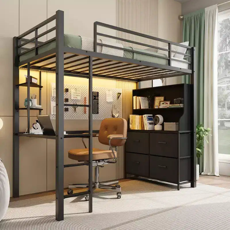 Cama alta individual con escritorio, 4 cajones grandes de tela y estantes abiertos, cama alta de metal resistente con luces LED, tomas de corriente, no necesita somier