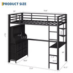 Cama alta individual con escritorio, 4 cajones grandes de tela y estantes abiertos, cama alta de metal resistente con luces LED, tomas de corriente, no necesita somier