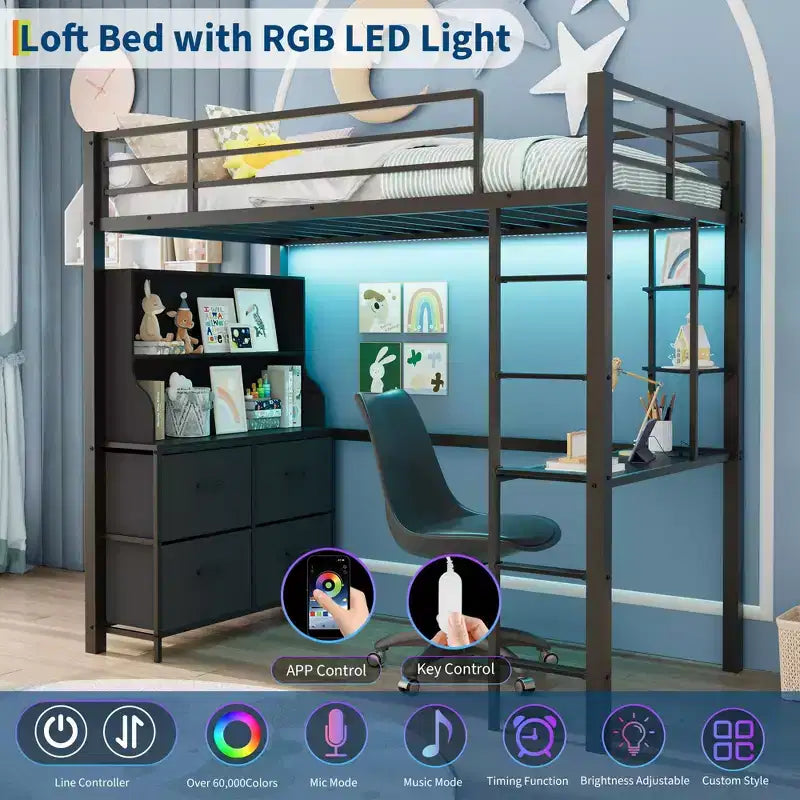 Cama alta individual con escritorio, 4 cajones grandes de tela y estantes abiertos, cama alta de metal resistente con luces LED, tomas de corriente, no necesita somier