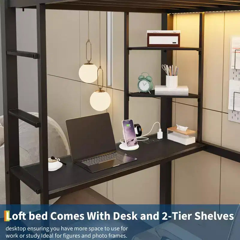 Cama alta individual con escritorio, 4 cajones grandes de tela y estantes abiertos, cama alta de metal resistente con luces LED, tomas de corriente, no necesita somier