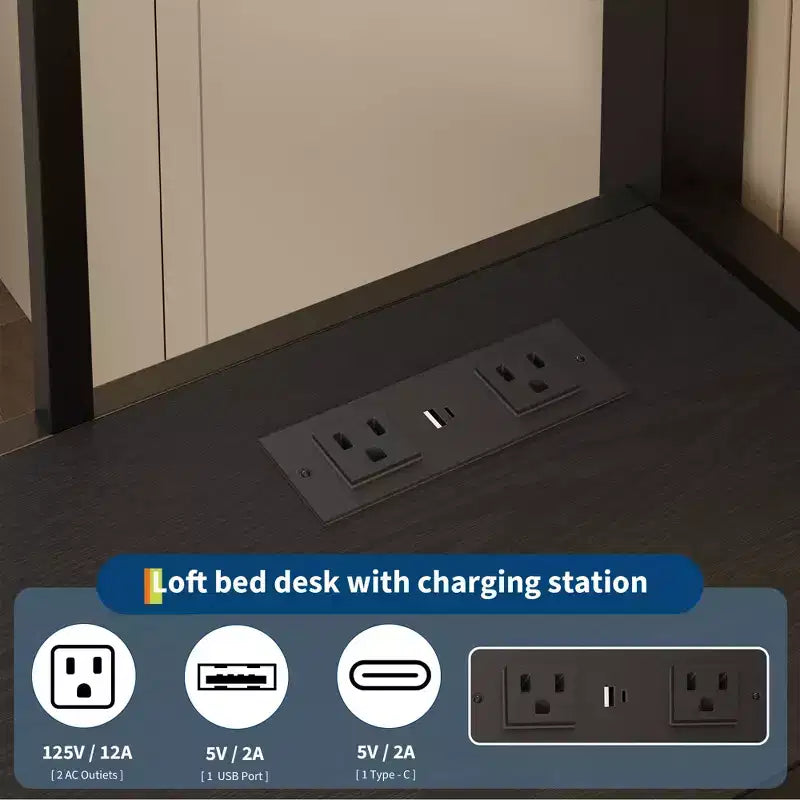 Cama alta individual con escritorio, 4 cajones grandes de tela y estantes abiertos, cama alta de metal resistente con luces LED, tomas de corriente, no necesita somier