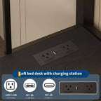 Cama alta individual con escritorio, 4 cajones grandes de tela y estantes abiertos, cama alta de metal resistente con luces LED, tomas de corriente, no necesita somier