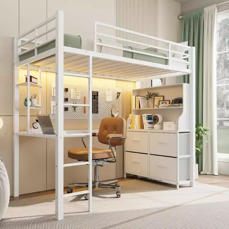 Cama alta individual con escritorio, 4 cajones grandes de tela y estantes abiertos, cama alta de metal resistente con luces LED, tomas de corriente, no necesita somier