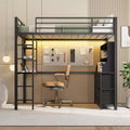 Twin Size Loft Bed with Desk, 4 Large Fabric Drawers and Open Shelves, Heavy Duty Metal Loft Bed with LED Lights, Power Outlets, No Box Spring Needed