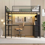Twin Size Loft Bed with Desk, 4 Large Fabric Drawers and Open Shelves, Heavy Duty Metal Loft Bed with LED Lights, Power Outlets, No Box Spring Needed