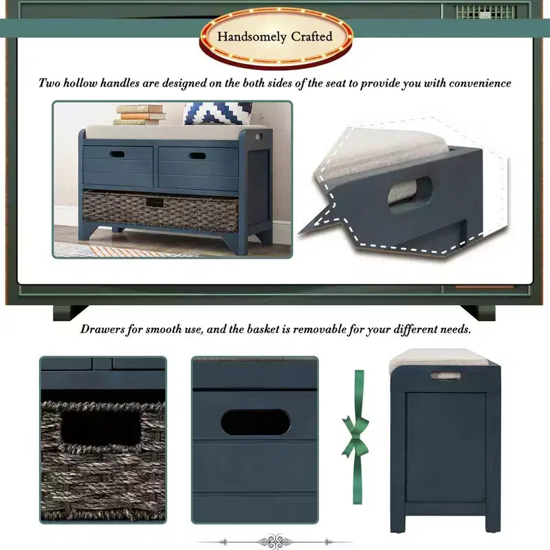 Banco de almacenamiento Hansen de madera de acacia con cajones y cesta extraíble