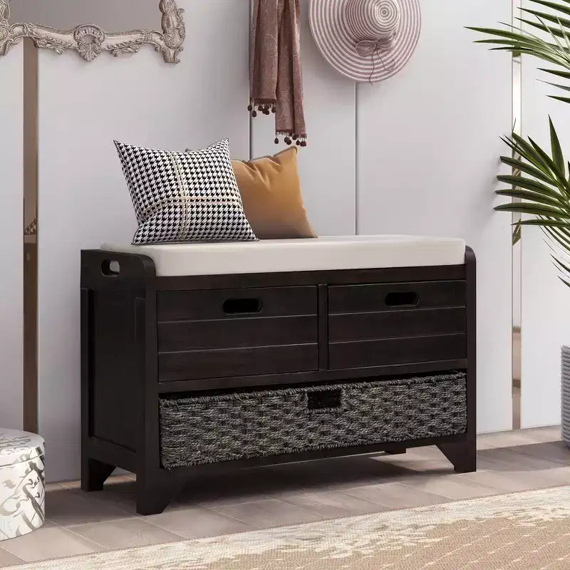 Banco de almacenamiento Hansen de madera de acacia con cajones y cesta extraíble