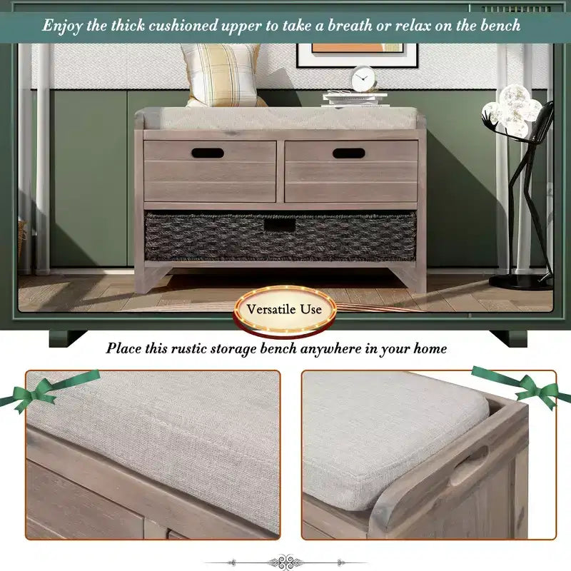 Banco de almacenamiento Hansen de madera de acacia con cajones y cesta extraíble