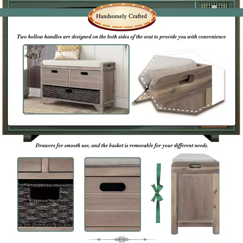 Banco de almacenamiento Hansen de madera de acacia con cajones y cesta extraíble