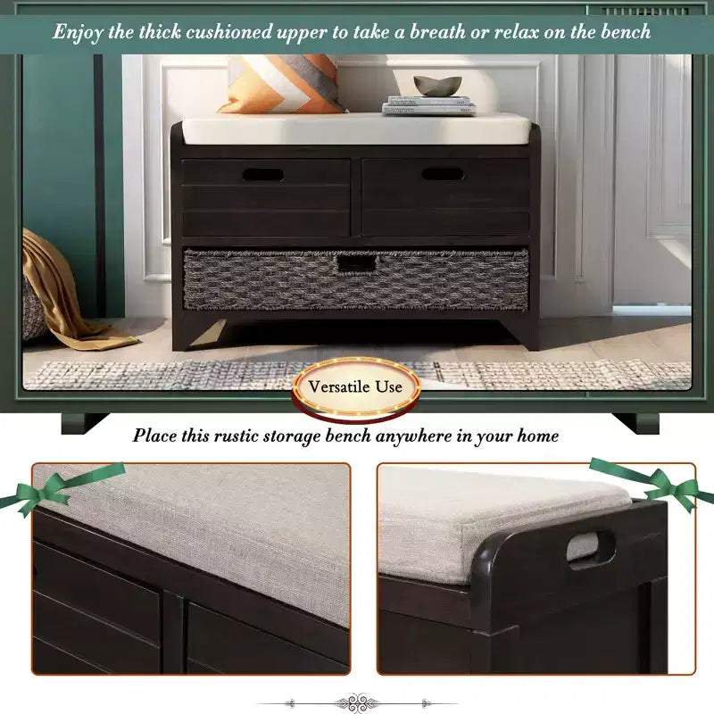 Banco de almacenamiento Hansen de madera de acacia con cajones y cesta extraíble