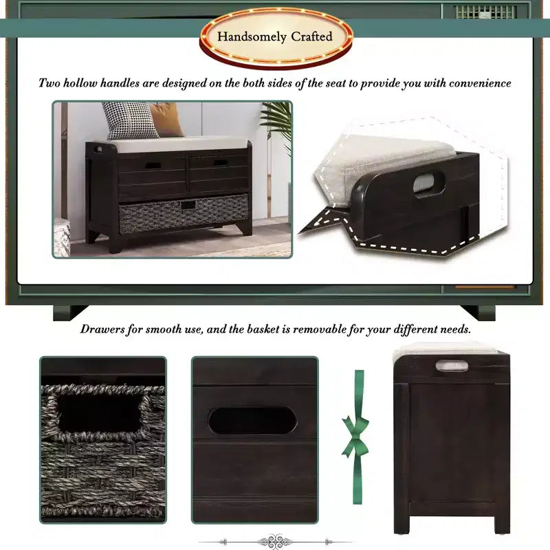 Banco de almacenamiento Hansen de madera de acacia con cajones y cesta extraíble
